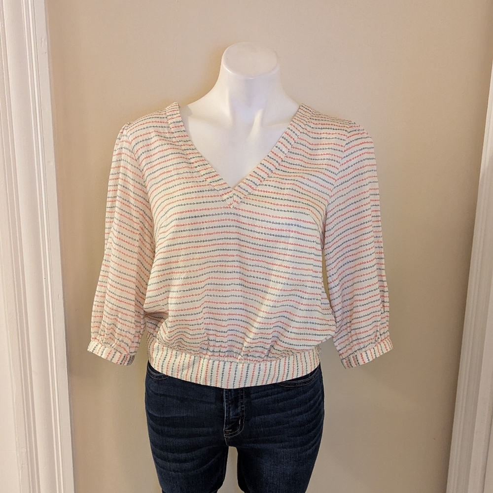Anthropologie Postmark cream with red and blue print top size 4